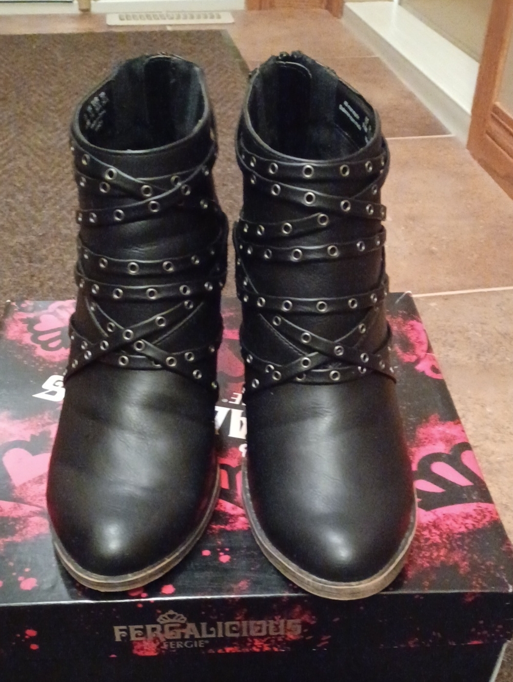 Fergalicious Black Grommet-Strap Ankle Booties